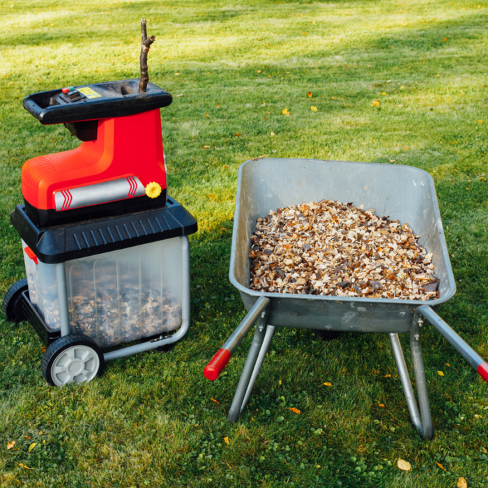 Shredded wood chips in a wheelbarrow