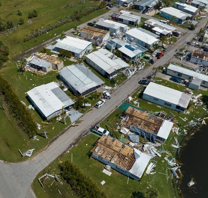 Damaged mobile homes after a hurricane