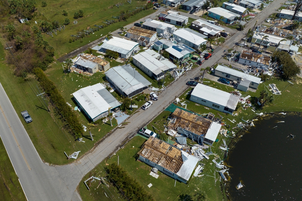 Damaged mobile homes after a hurricane
