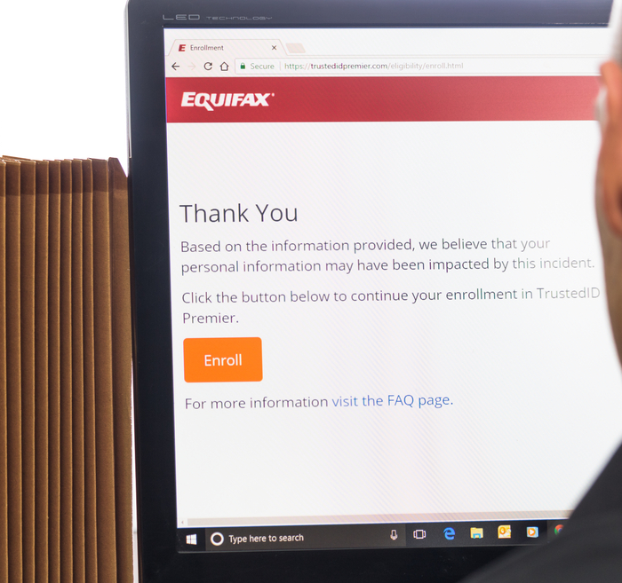 Equifax data breach notification on a computer screen