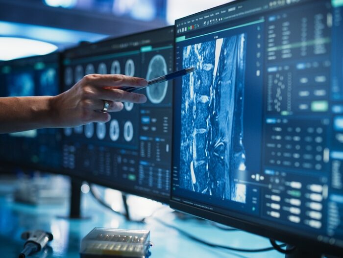 doctor pointing a pen at an MRI