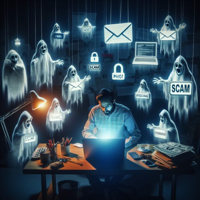 Ghosts surrounding a man using a computer