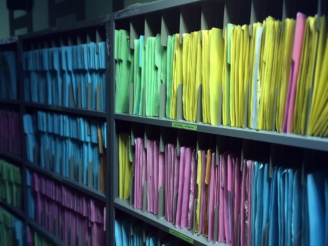 Shelf with file folders evidence of patient in a archives classify by color. Health service clinic data room.