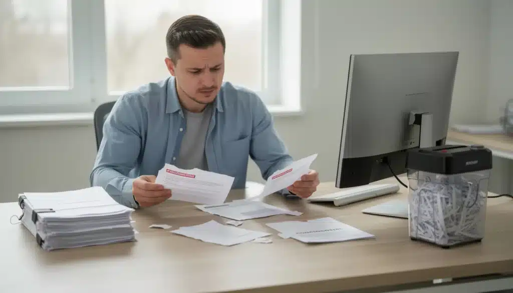 A perplexed-looking man is sitting at a computer desk and holding torn documents.