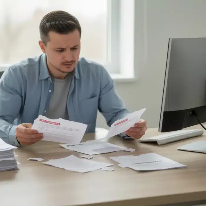 A perplexed-looking man is sitting at a computer desk and holding torn documents.