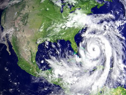 Aerial image of a hurricane heading toward Florida's east coast