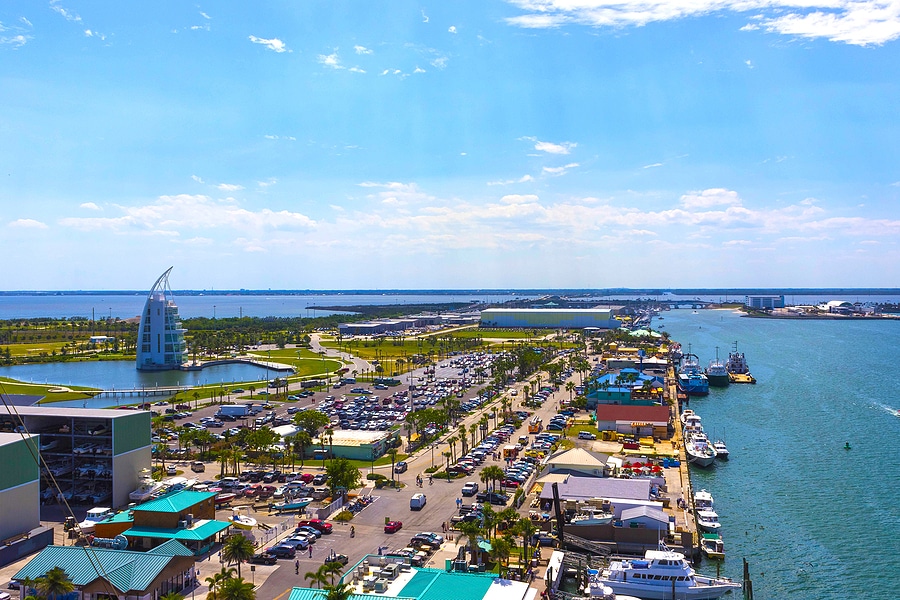 The arial view of Port Canaveral from cruise ship, docked in Port Canaveral, Brevard County, Florida