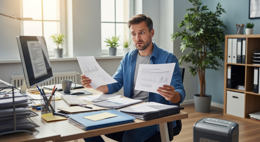Person sitting at desk with computer looking at documents with a confused expression.
