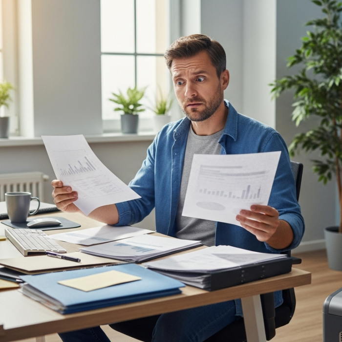 Person sitting at desk with computer looking at documents with a confused expression.