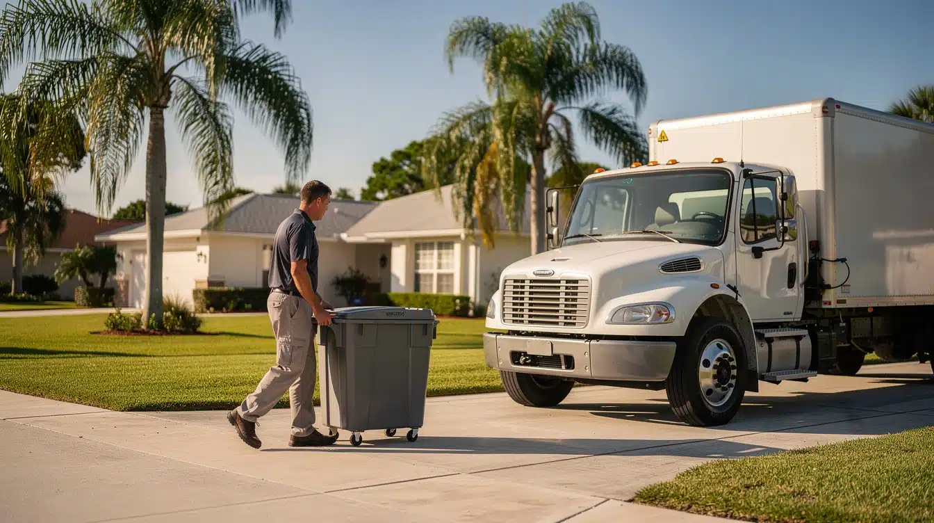 A person moving a container to a truck.