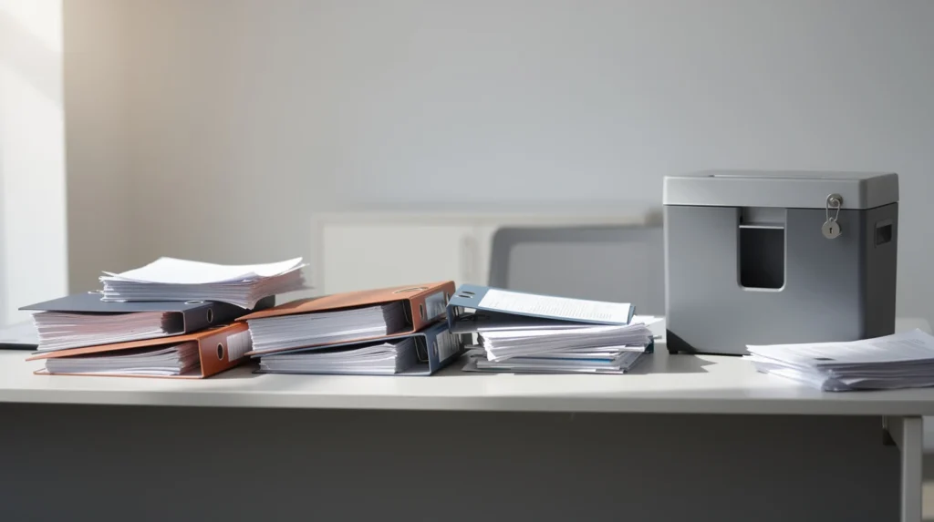 Stacks of paper files and binders piled on a desk beside a locked gray document bin.