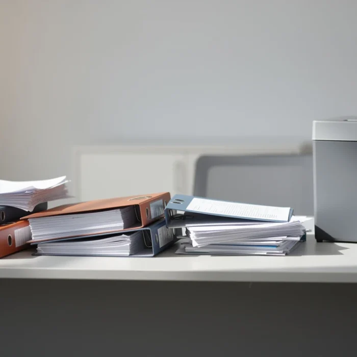 Stacks of paper files and binders piled on a desk beside a locked gray document bin.